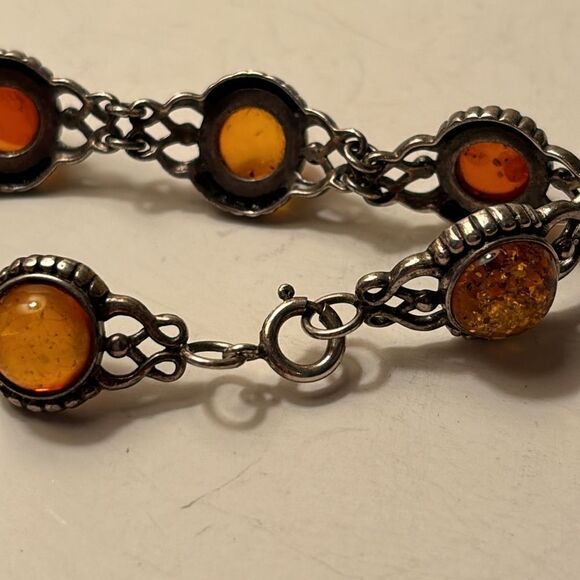 Vintage Sterling Silver and Baltic Amber Linked ornate bracelet 7.5” - Picture 2 of 7